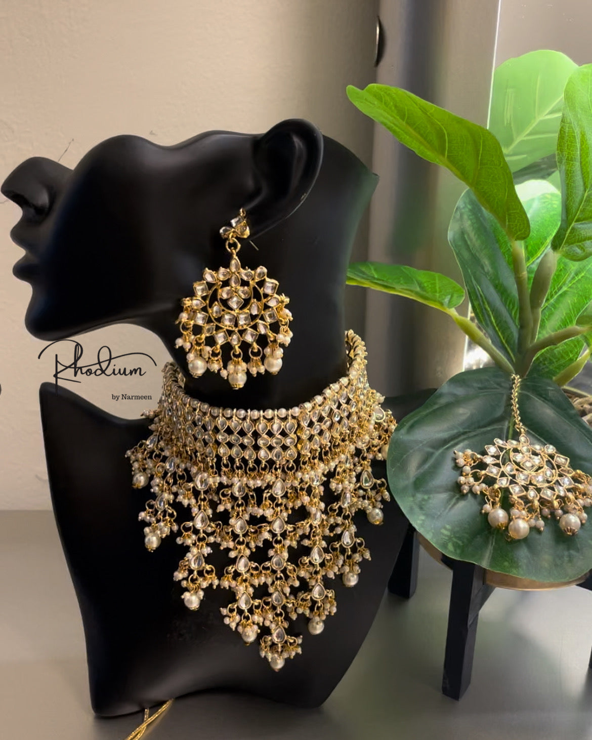 Mina gold plated pearl choker and earrings with tikka